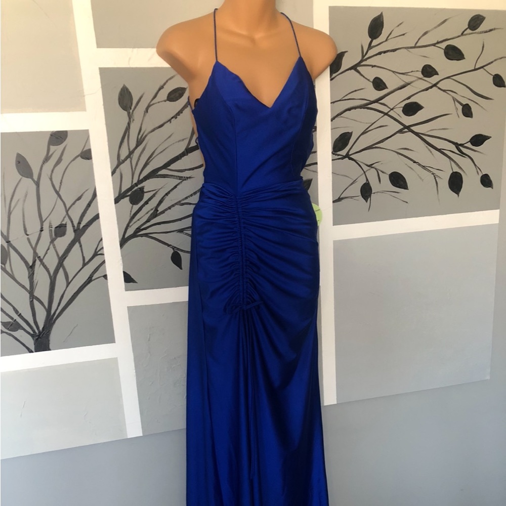 Windsor Satin Blue Evening Gown, High Slit, Backless